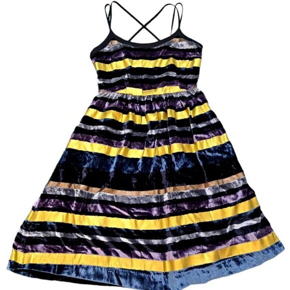Anthropologie Wolven Ada Stripe Velvet Party Cocktail Fit Flare Dress Size 0 - Picture 2 of 10